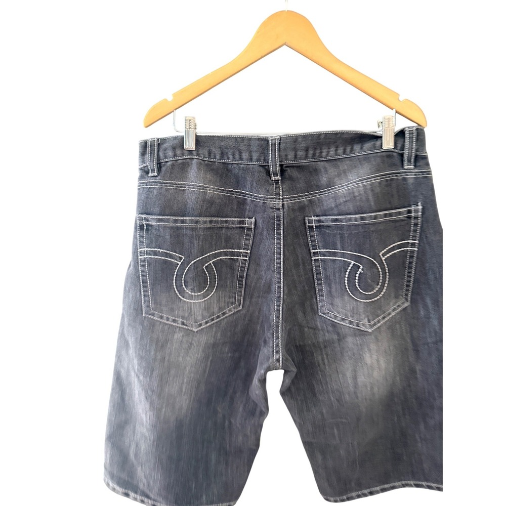 Avirex Mens Denim Shorts Size 36 Baggy Black Contrast Stitch Embroidered Pockets